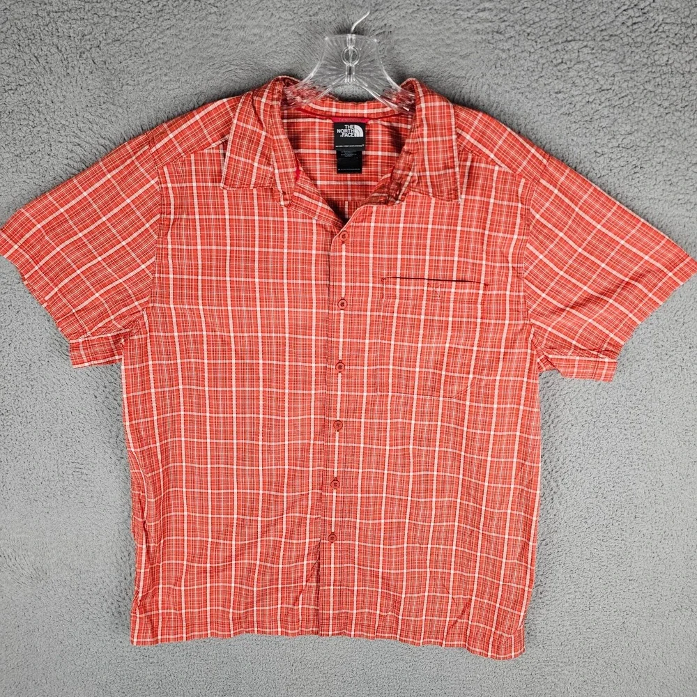 The North Face Shirt Mens Large Orange Plaid Short Sleeve Pocket Hiking Outdoor